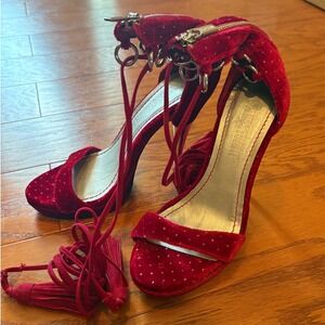 Colin Stuart Red Velvet Lace Up Tassel Stiletto Heels Gold Heel 276915-036 6B